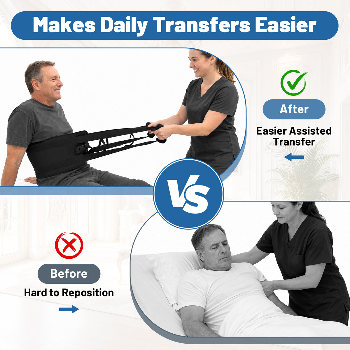SPRING SEAON Transfer Sling with 6 Handles - Adjustable Support Belt 350 lb, S/M