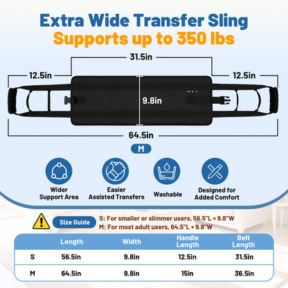 SPRING SEAON Transfer Sling with 6 Handles - Adjustable Support Belt 350 lb, S/M