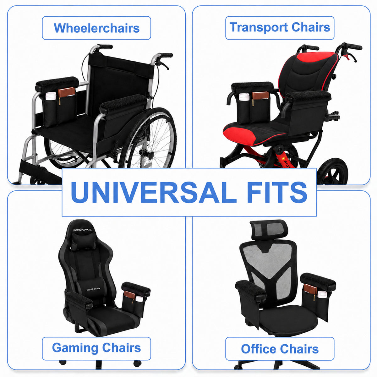 SPRING SEAON 2 Pack Wheelchair Armrest Pads and Waterproof Side Bag