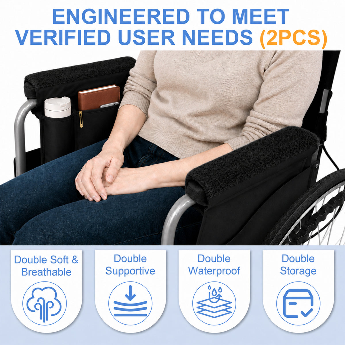 SPRING SEAON 2 Pack Wheelchair Armrest Pads and Waterproof Side Bag