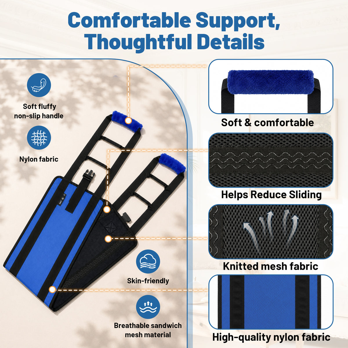 SPRING SEAON Transfer Sling with 6 Handles - Adjustable Support Belt 350 lb, S/M