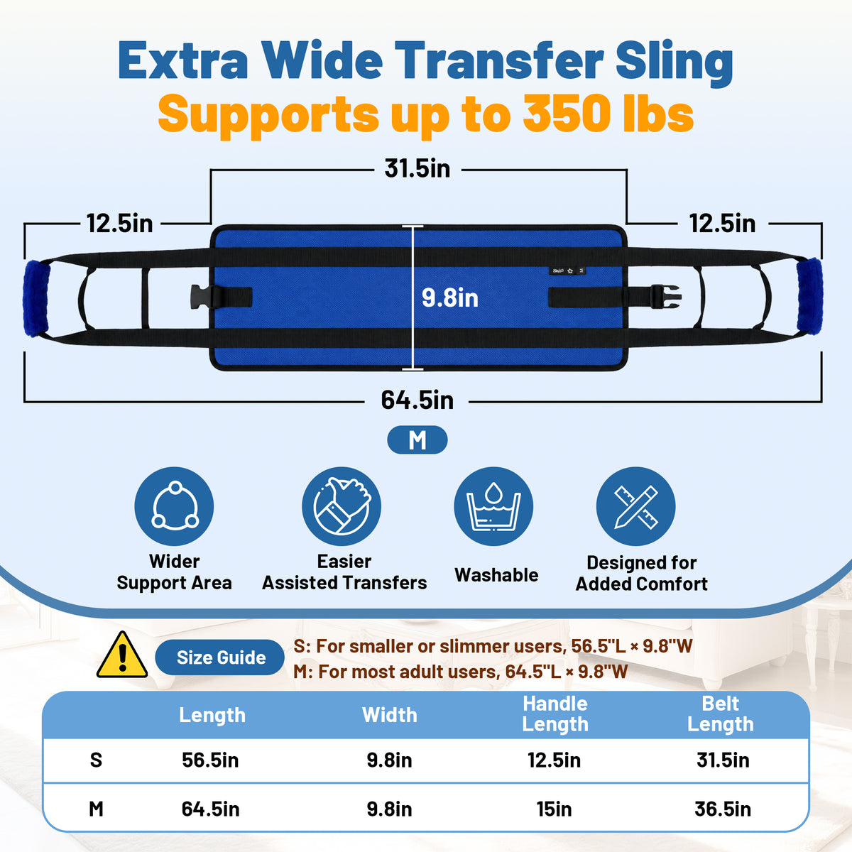 SPRING SEAON Transfer Sling with 6 Handles - Adjustable Support Belt 350 lb, S/M