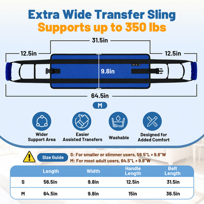 SPRING SEAON Transfer Sling with 6 Handles - Adjustable Support Belt 350 lb, S/M