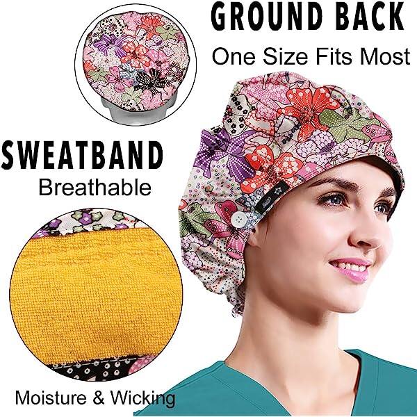 Women's Pink Flower Pattern Bouffant Hats Beanies - Working Cap Button Sweatband Adjustable