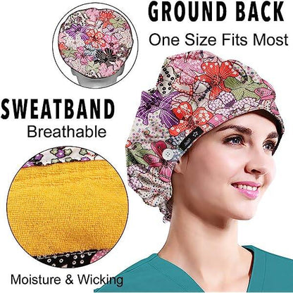 Women's Pink Flower Pattern Bouffant Hats Beanies - Working Cap Button Sweatband Adjustable