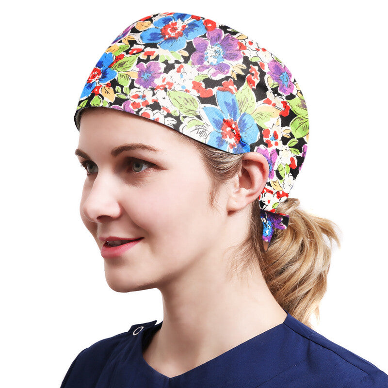 Women's Purple Flower Beanies Working Cap Button Sweatband Headband Elastic Hat Adjustable Bouffant Cap Adjustable