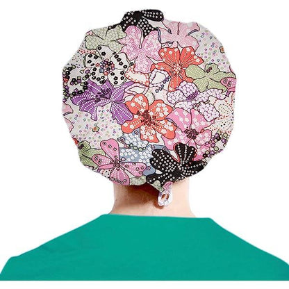 Women's Pink Flower Pattern Bouffant Hats Beanies - Working Cap Button Sweatband Adjustable