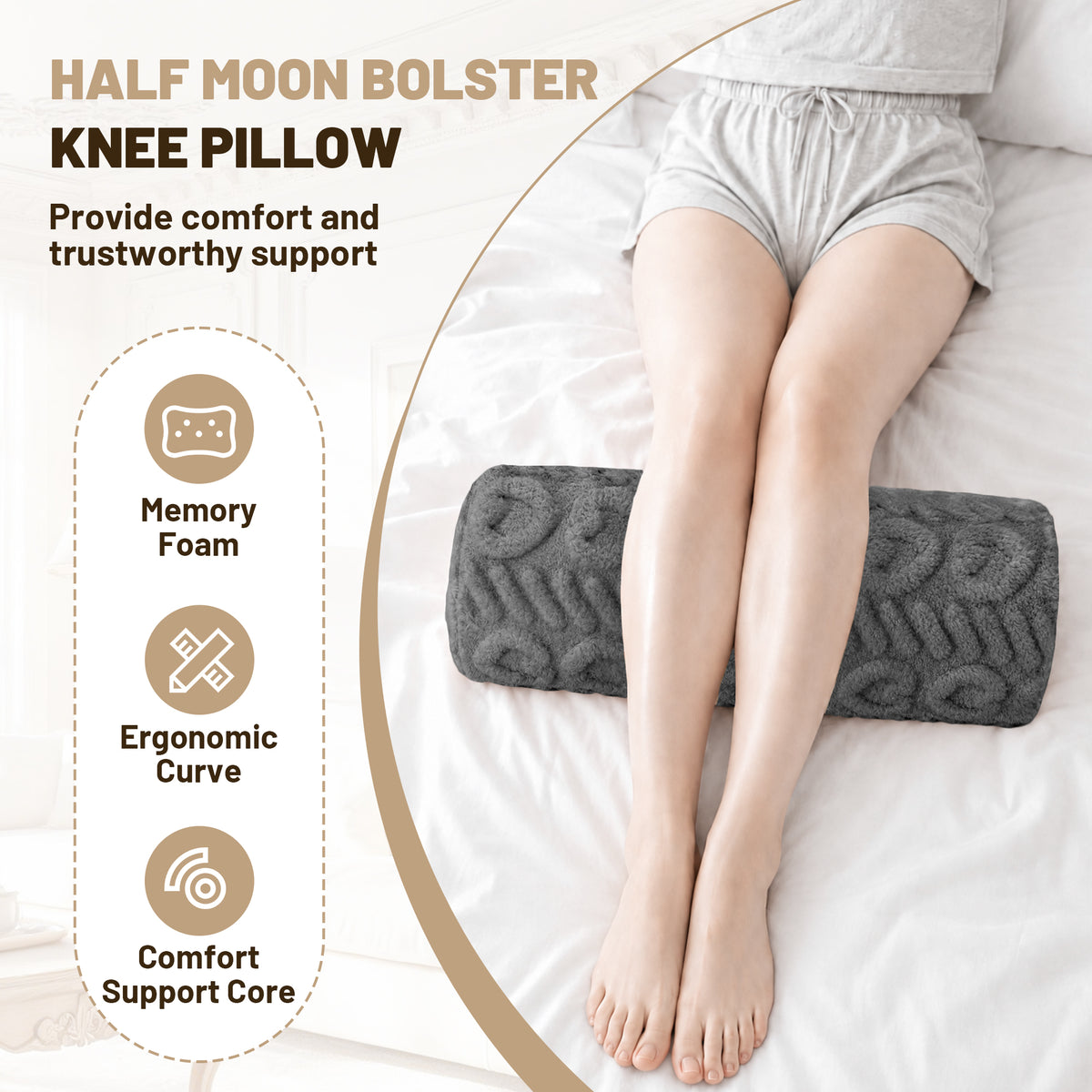 SPRING SEAON Half Moon Knee Pillow - Plush Cover, Memory Foam, 17 Inch