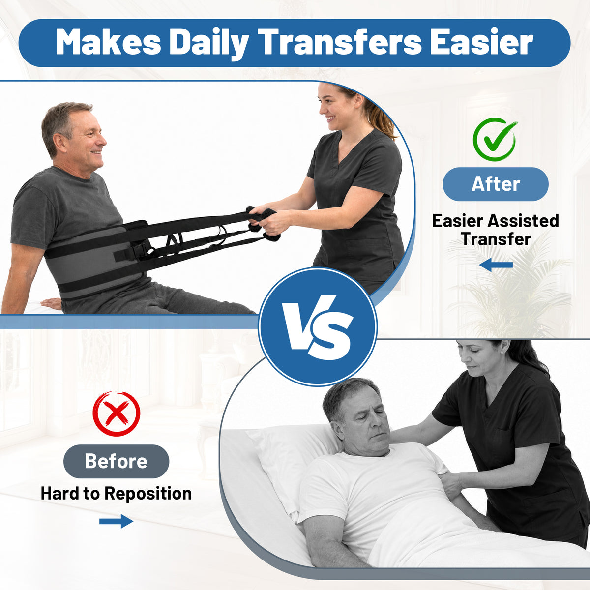SPRING SEAON Transfer Sling with 6 Handles - Adjustable Support Belt 350 lb, S/M