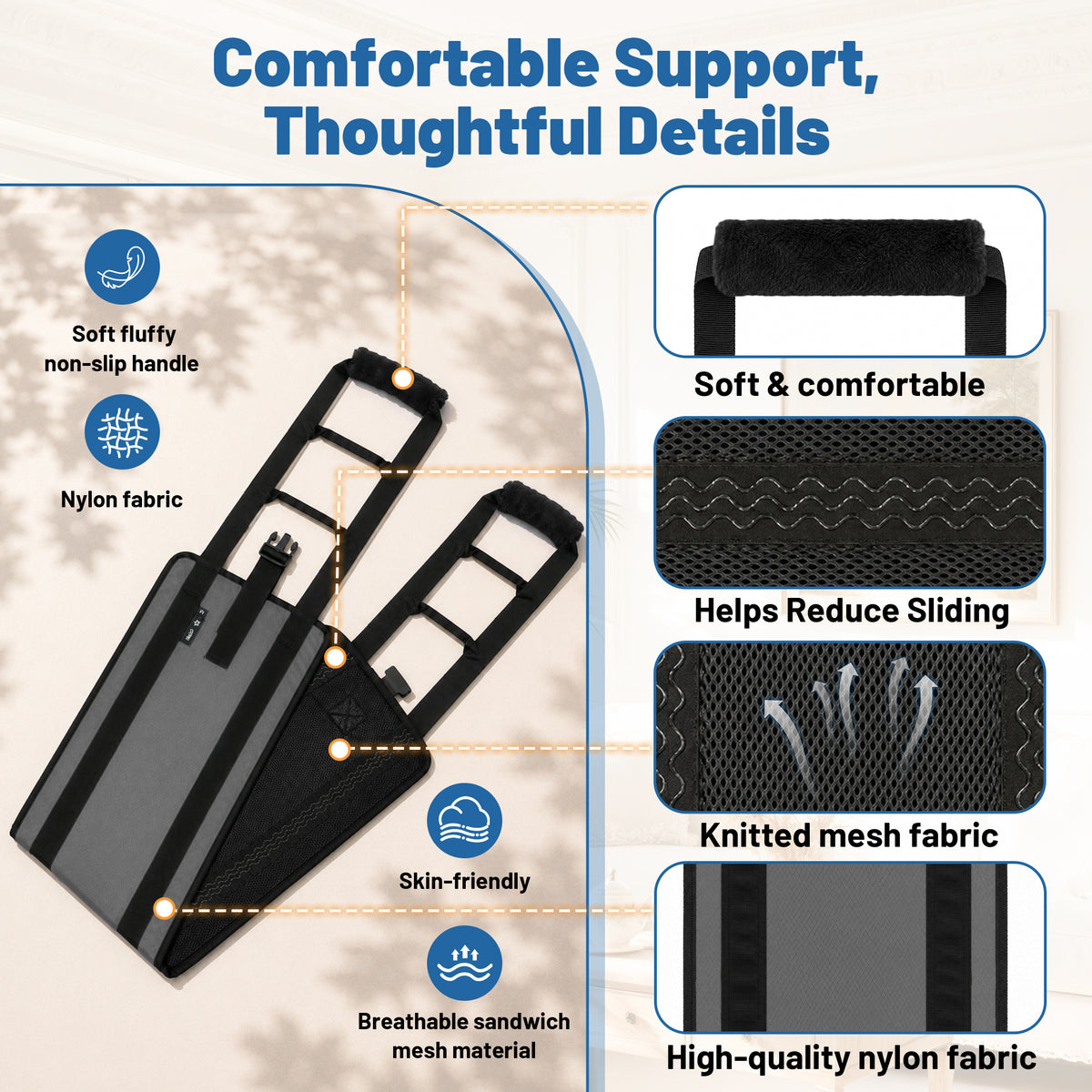 SPRING SEAON Transfer Sling with 6 Handles - Adjustable Support Belt 350 lb, S/M