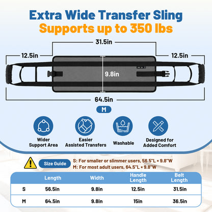 SPRING SEAON Transfer Sling with 6 Handles - Adjustable Support Belt 350 lb, S/M
