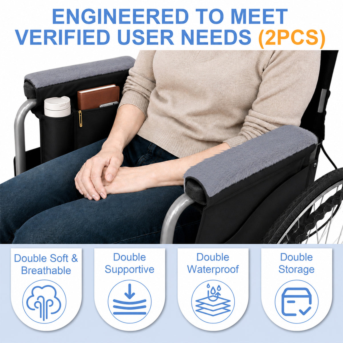 SPRING SEAON 2 Pack Wheelchair Armrest Pads and Waterproof Side Bag