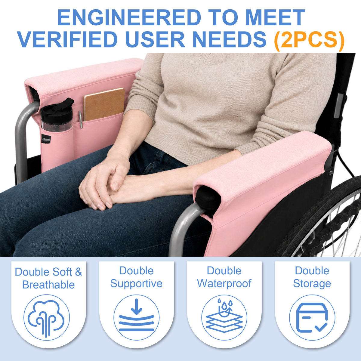 SPRING SEAON 2 Pack Wheelchair Armrest Pads and Waterproof Side Bag